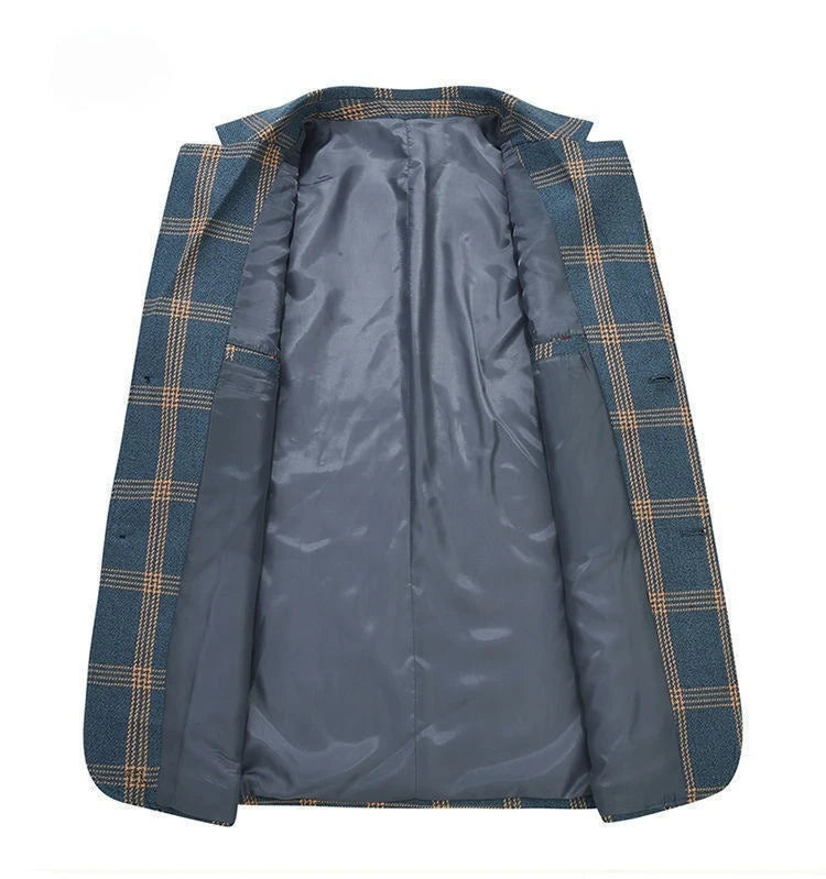 2026 New Men's Plaid Blazer – Classic Blue Checkered Suit Jacket, Slim Fit Business Casual Coat for Office, Wedding, Size M-4XL