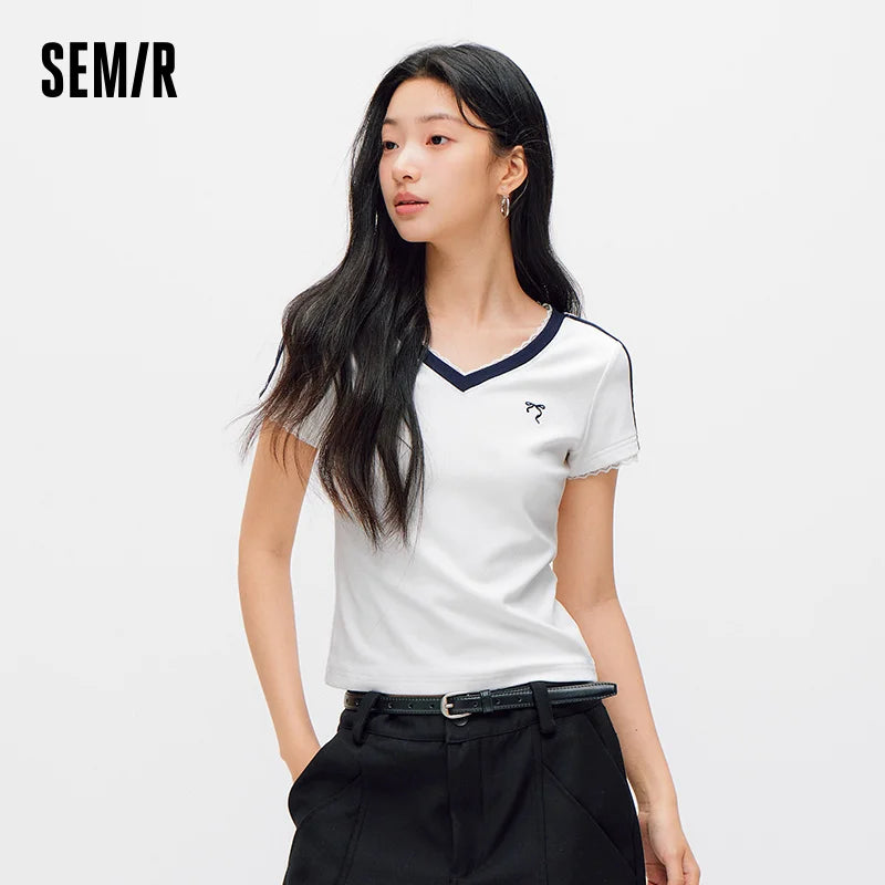 Semir Women Tshirt Cool Feeling Cropped Lace V Neck Slim Contrast Short Sleeve Summer 2026 Casual Fashion Style Top