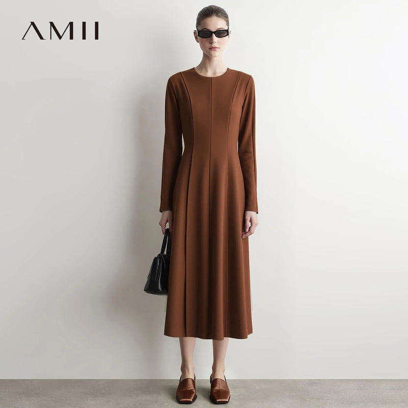 Amii Slim Dress Woman 2026 Autumn New O-Neck Stretch Long Sleeve Midi Dress Elegant Waist Cinched Casual Woman Clothes 12623013