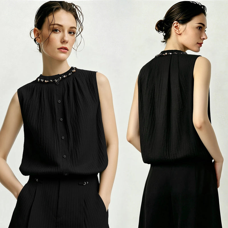 Amii Women's Shirt 2026 Summer Beaded Trim Acetate Sequin Ribbon Sleeveless Top Loose Elegant Office Women's Clothing 12622180