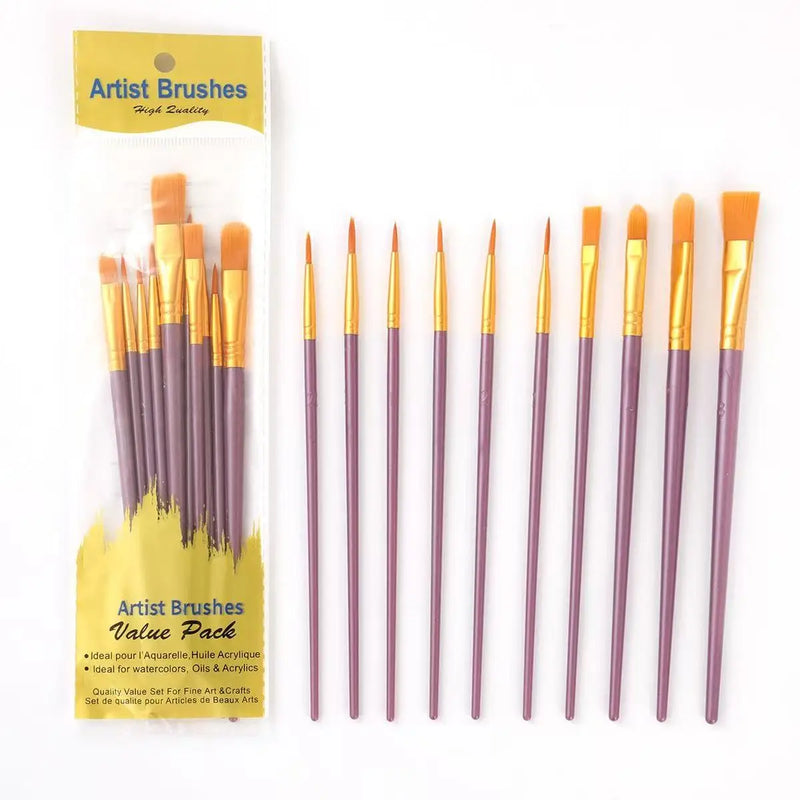 10 Pcs Nylon Hair Paint Brushes Set, Pearl Plastic Handle Watercolor Oil Acrylic Painting Brush for Students Beginners