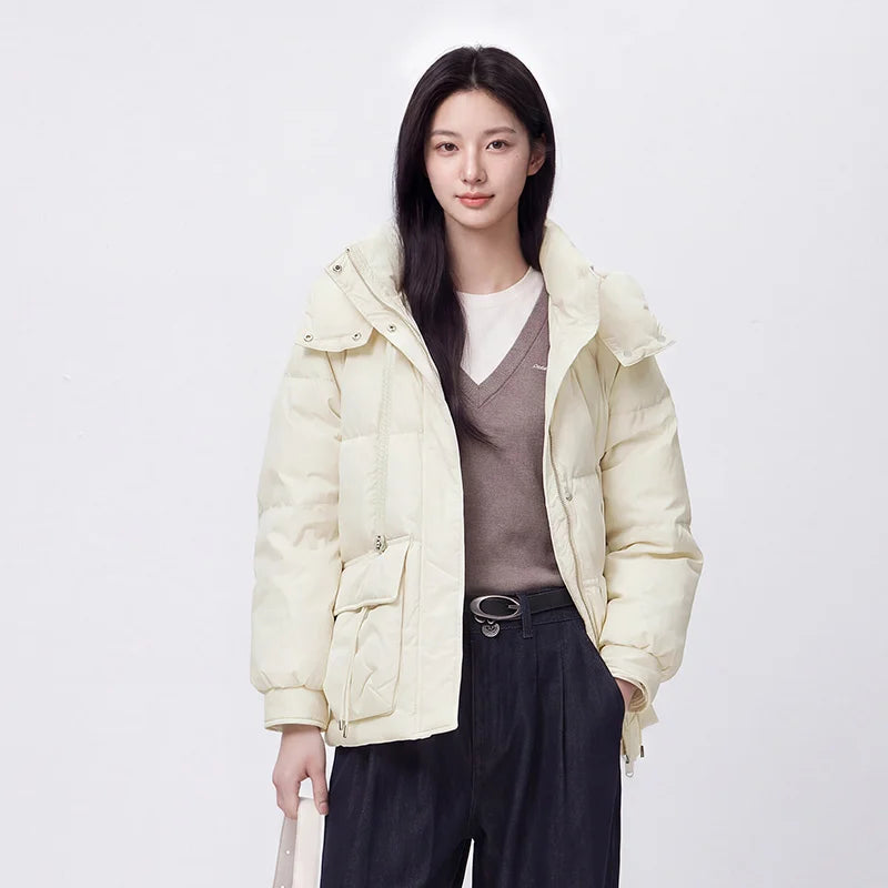 អាវធំស្ត្រី Semir ប្រវែងមធ្យមមានមួក ដៃអាវ Raglan រលុង ៩០ ភាគរយក្តៅ Jacquard រដូវរងា ម៉ូដធម្មតា