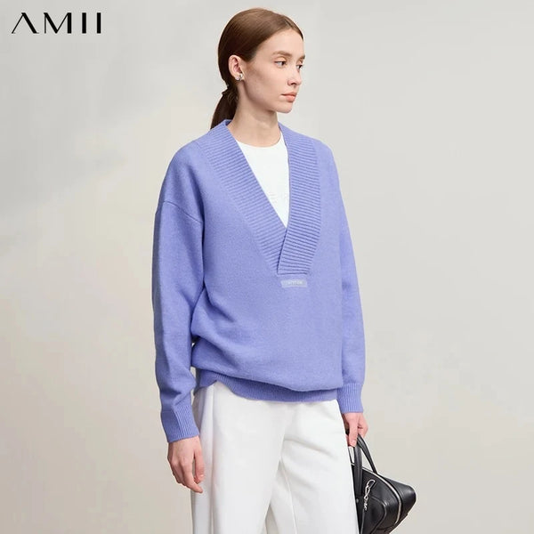 AMII Women's Sweater 2026 Winter New Minimalist Versatile V-Neck Loose Long Sleeve Knit Pullover Sweater Tops For Woman 12524084
