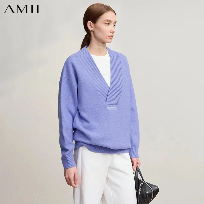 AMII Women's Sweater 2026 Winter New Minimalist Versatile V-Neck Loose Long Sleeve Knit Pullover Sweater Tops For Woman 12524084