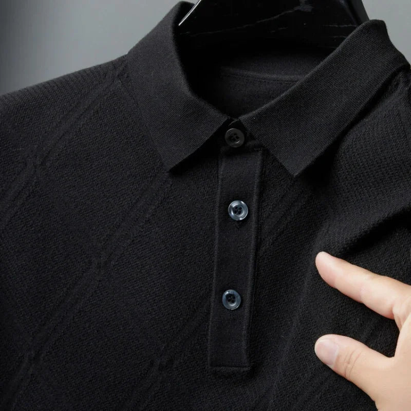 Solid color geometric pattern POLO  men's business casual daily commute warm wool sweater, high-quality men's woolen sweater.