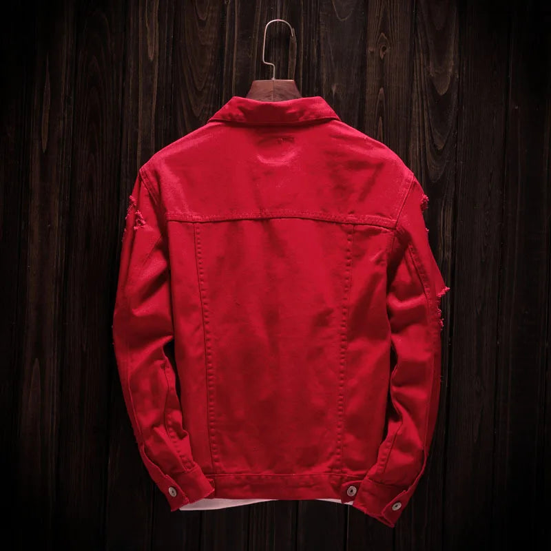 Men's Red Long-sleeve Jacket for Spring and Fall; Black Denim Coats with A Turn-down Collar, Available in Orange, White, Pink.