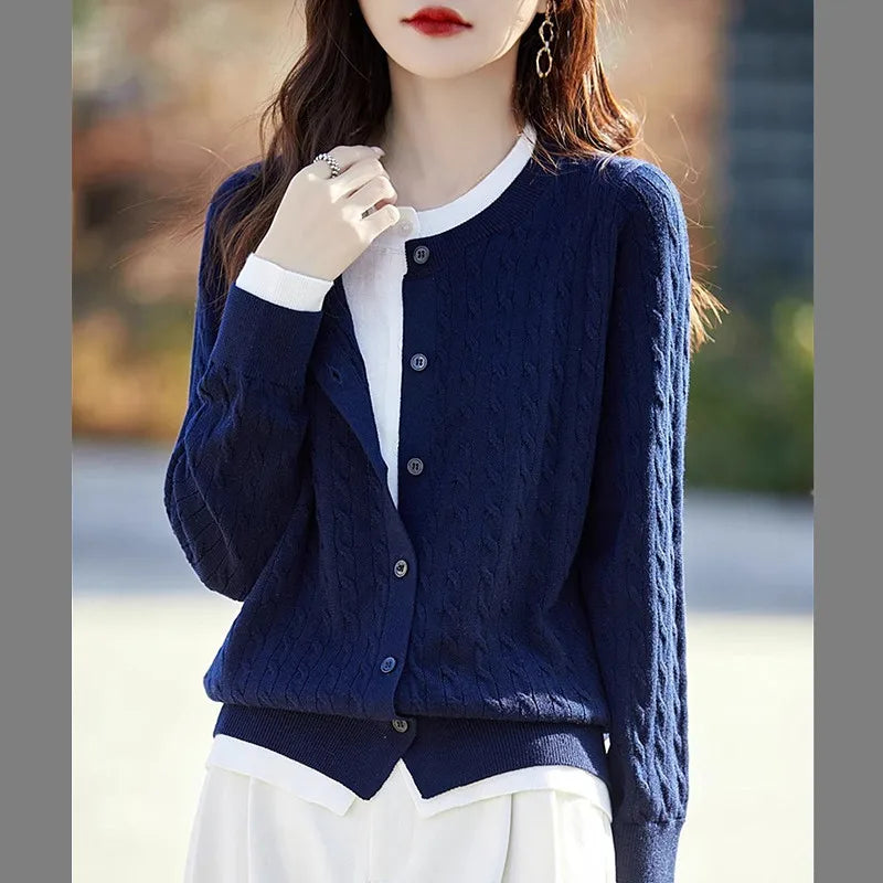 Korean Fake Two Pieces Sweater For Woman Knit Spring Autumn Cardigan Coat Woolen Knitwear Tops Female Cardigans Women Jacket
