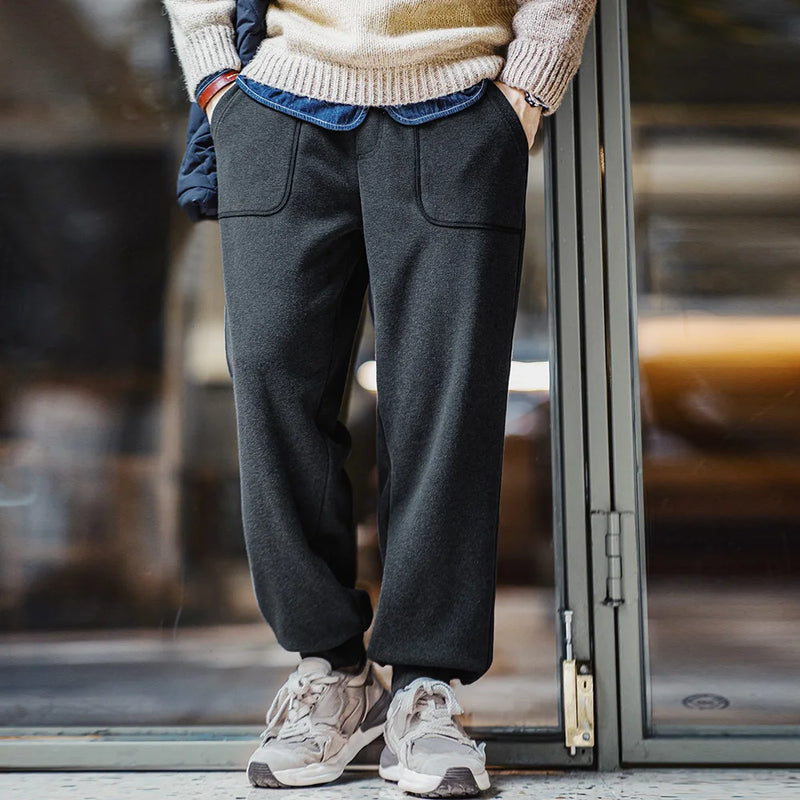 Maden Retro Fleece Sweatpants Solid  Sporty Casual with Elastic Waist Tapered Pants for Men's Autumn and Winter Warm Trousers