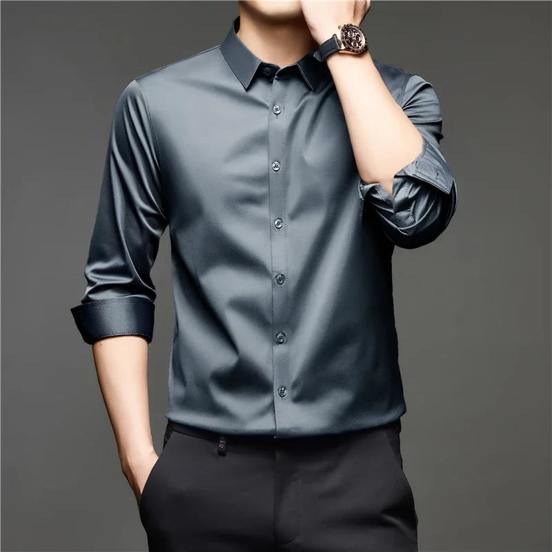 Mens Lightweight Button Up Dress Shirt Lapel Collar Long Sleeve Glossy Texture Top For Daily Business Occasions