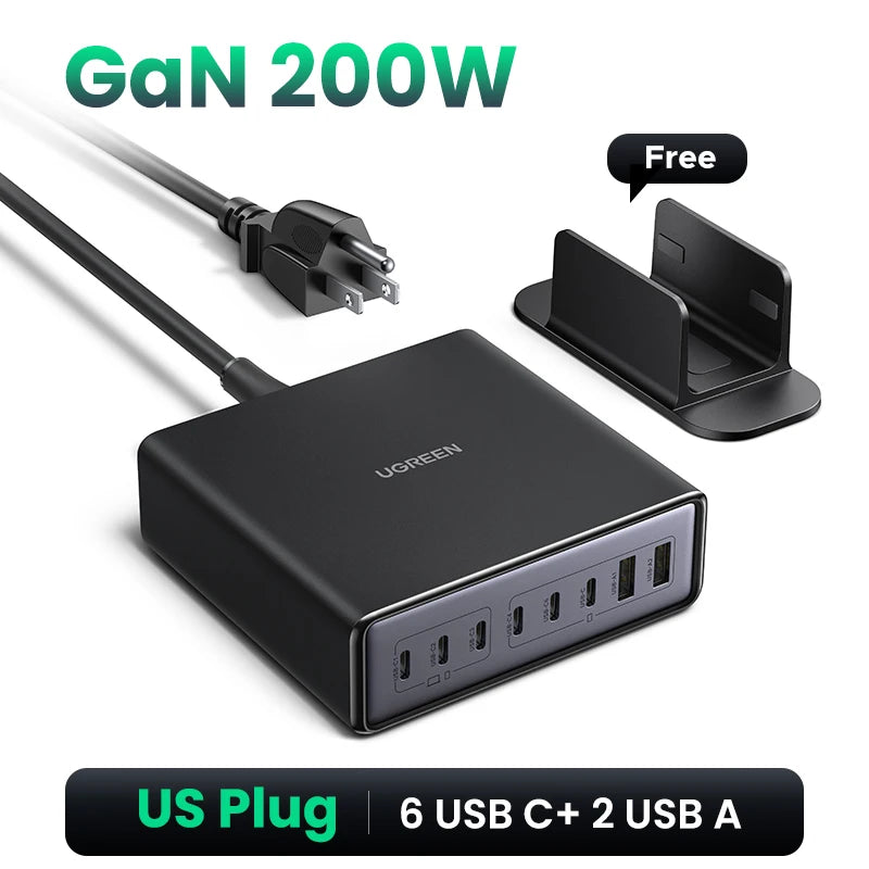 【US Plug】UGREEN 200W/100W/65W GaN Charger Desktop Laptop Fast Charger For iPhone 17 16 15 Pro Max Macbook Air Pro iPad Samsung