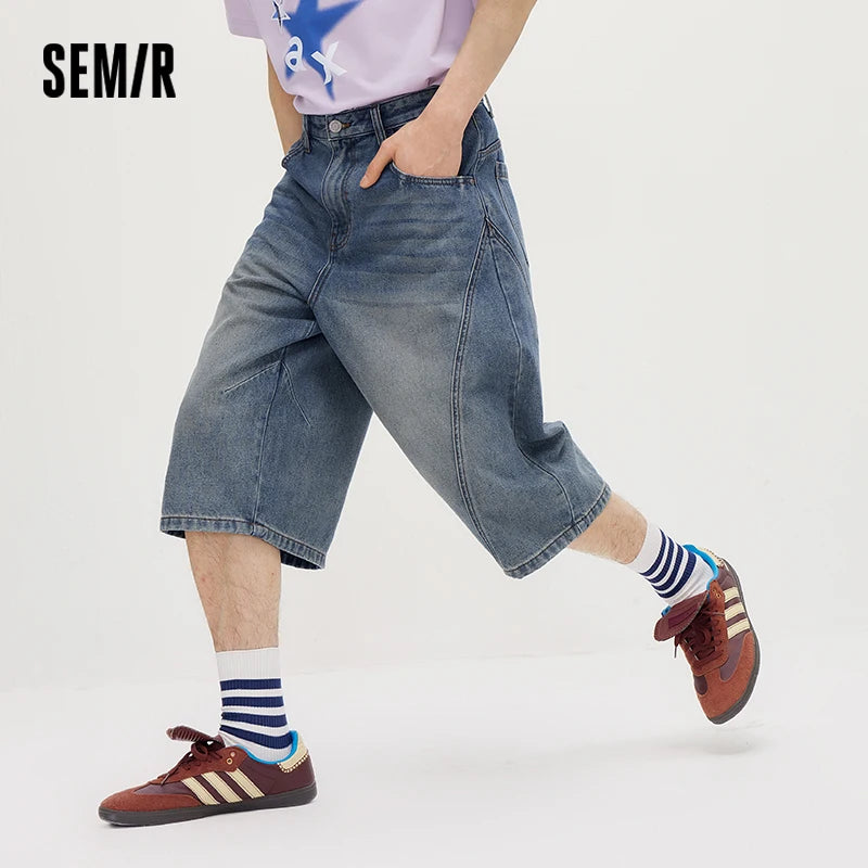 Semir Denim Shorts Men 2026 Summer Wide Leg Washed Vintage Faded Urban Street Style Cropped Knee Length