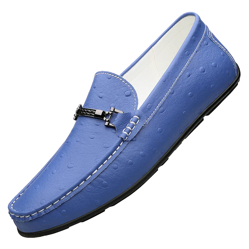 Men's Ostrich Embossed Loafers, PU Leather Slip On Driving Shoes with Metal Buckle, Orange/White/Black Casual Shoes