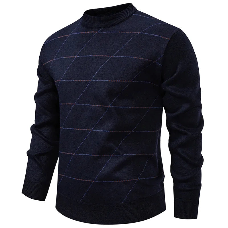 Diagonal Grid Pattern Male Knitted Top Fleece Lined Crew Neck Business Casual Long Sleeve Cold Season Knit Jumper