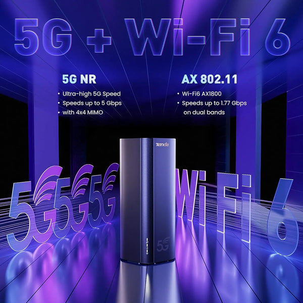 រ៉ោតទ័រ Tenda 5G NR LTE AX1800 WiFi6 SIM CPE ប្រេកង់ពីរ 2.4/5GHz ល្បឿនរហូតដល់ 4.67Gbps Easy Mesh ច្រក Gigabit 2 WPA3 OFDMA MU-MIMO