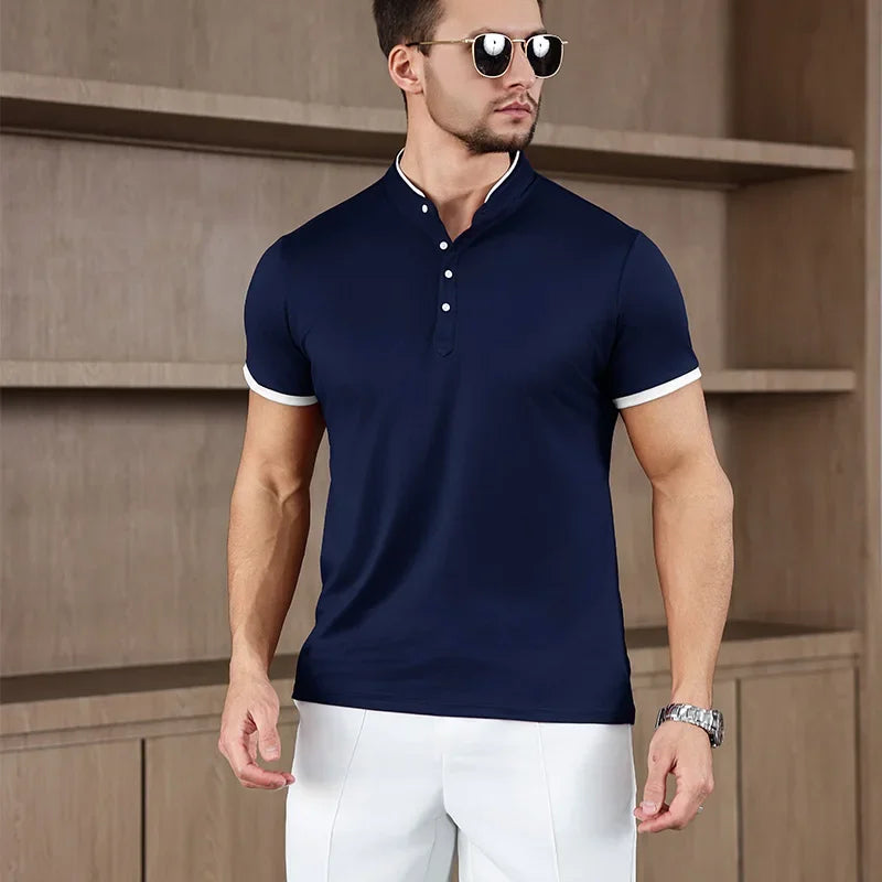 2025 New Men's Casual and Fashionable Solid Color Short Sleeved Stand Up Collar T-shirt Summer Versatile and Comfortable Top
