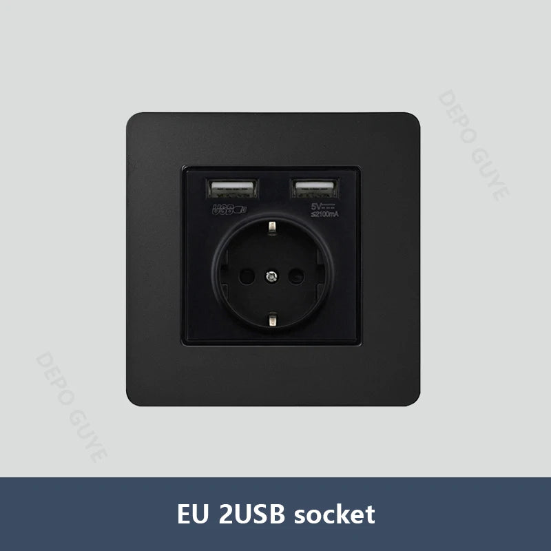 Black Vintage Toggle EU FR Lamp Switch Socket,Retro Brass Lever Light Switch Univeral Stainless Steel Dual Wall Socket With USB