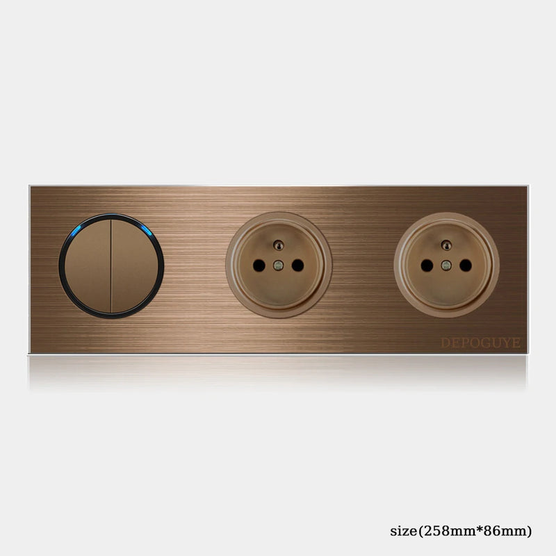 High quality coffee color universal Retro Eu FR 220V wall light switch,Reset button switch electrical socket with LED indicator