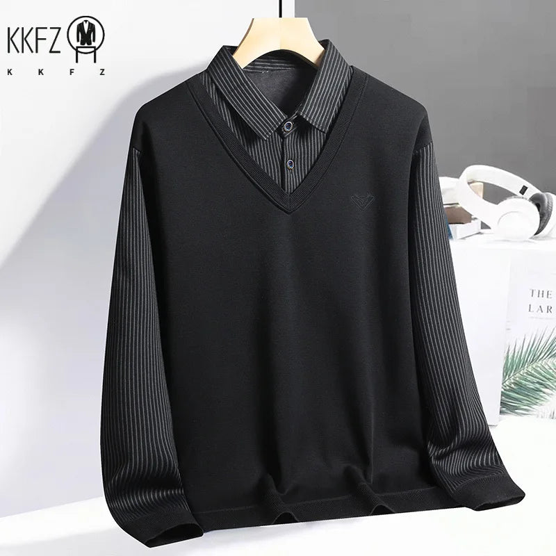 Daily Versatile Men Pullover Fake Two Piece Construction Vertical Stripe Sleeves Lapel Collar Subtle Embroidered Logo