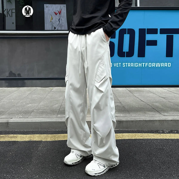 Men Baggy Wide Leg Cargo Pants Elastic Drawstring Waist Pleated Side Pockets For Street Fashion Daily Casual Commute Wear