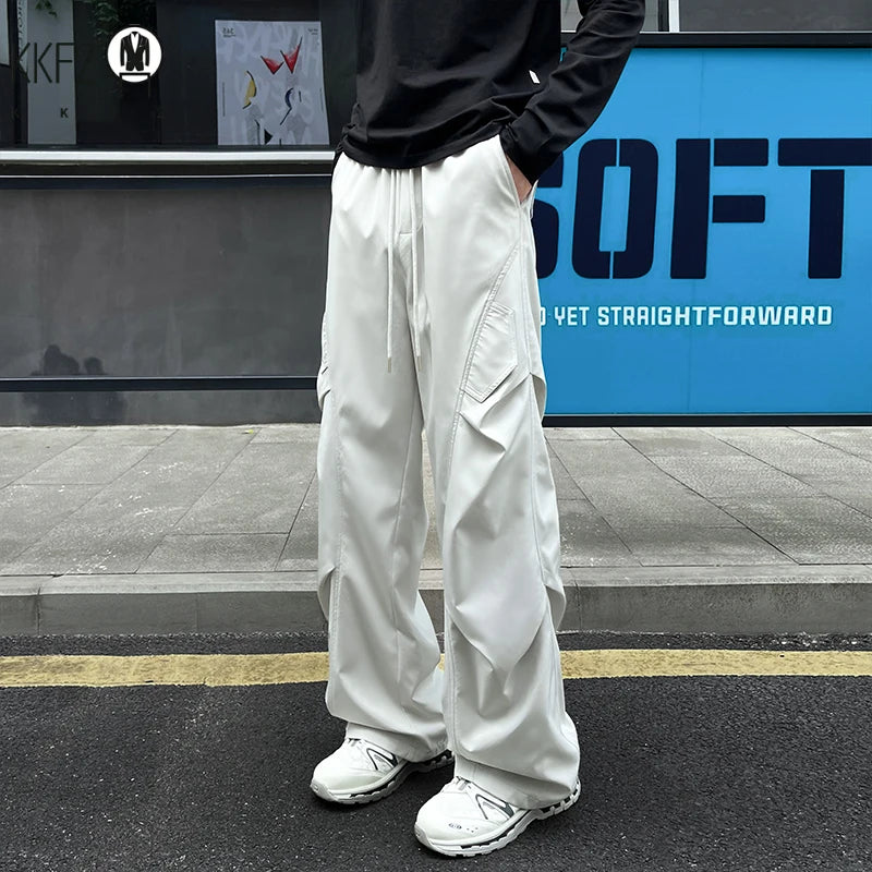 Men Baggy Wide Leg Cargo Pants Elastic Drawstring Waist Pleated Side Pockets For Street Fashion Daily Casual Commute Wear