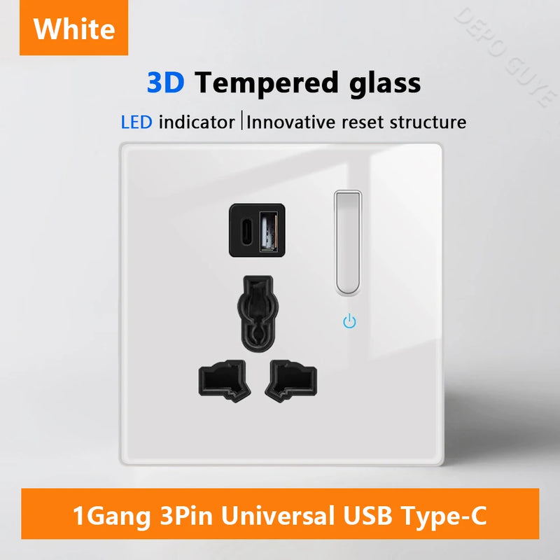 White LED indicator light switch Panel glass piano key Self-reset wall switch socket,UK Universal USB Type-C Electrical outlet