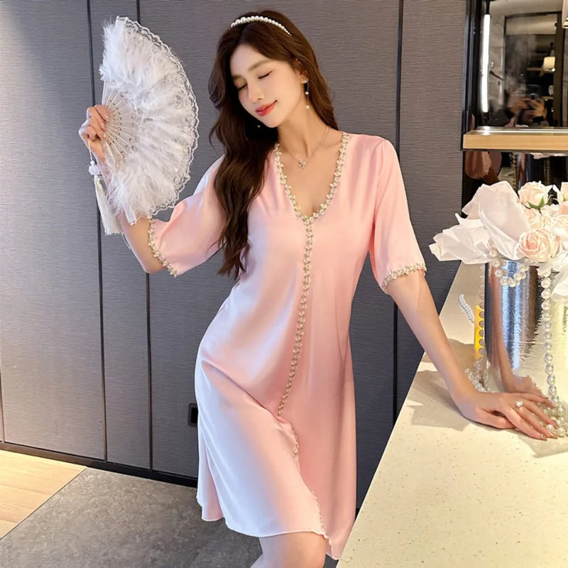 V-neck Women's Nightgown One Piece Pajamas Dress Elegant Summer Sexy Nightdress Home Clothes Short Sleeve Sleepwear Nighties