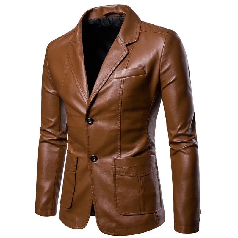 2026 New Khaki Men's PU Jacket, Dark Blue  Burgundy Black Coat, Asian Size Slim Leather Blazers, M-5XL,2025 New