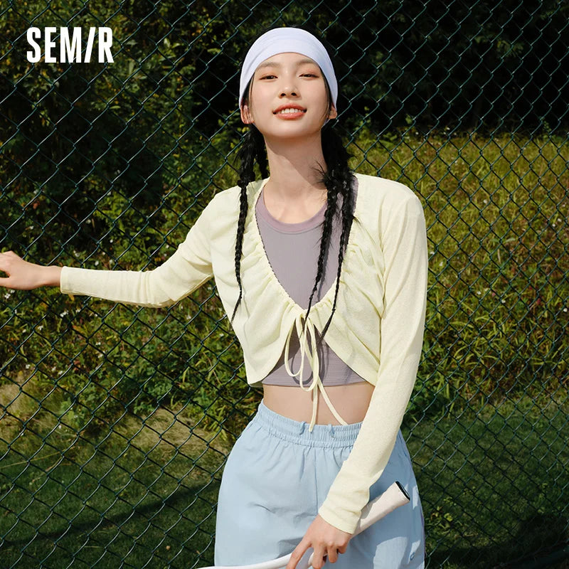 Semir Womens Cardigan 2026 Short Slim Linen Like Solid Drawstring Bow Sweet Gentle Casual Soft