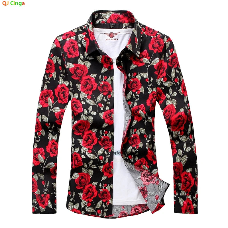 2026 New Men's Black-Red Rose Printed Cotton Shirt, Square Collar Long Sleeve Shirts, White Fashion Tops Camisa/ Chemise
