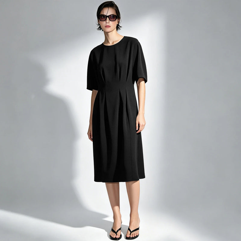 Amii Midi Dress Woman 2026 Summer New Round Neck Short Sleeve Dolman Elegant Office Fitted Waist Women's Casual Dresses 12622176