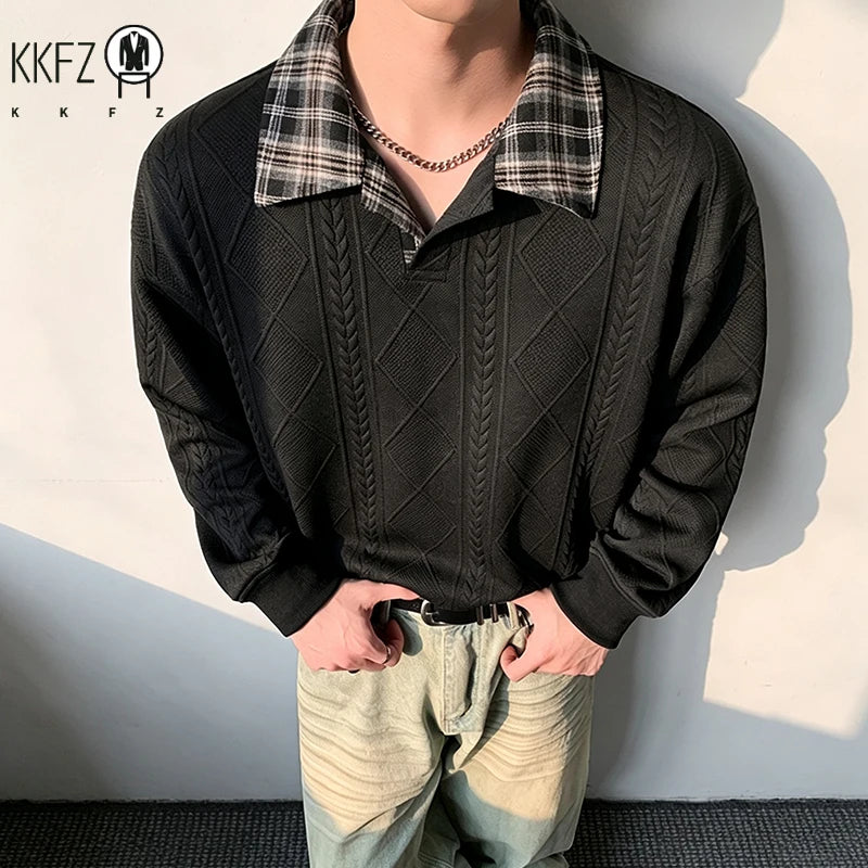 Ens Plaid Lapel Collar Long Sleeve Cable Jacquard Polo Shirt Geometric Embossed Texture Soft Handfeel Top