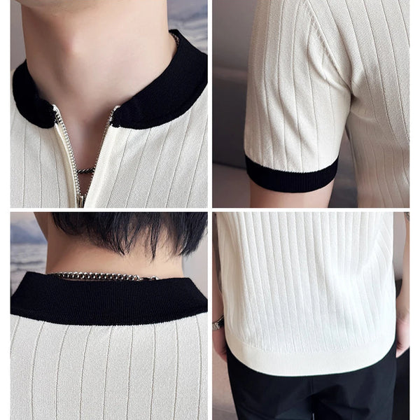 Men's Stretch Ice Silk Knit Polo Shirt with Half Zip and Contrast Color Stand Collar Half-zip Color-block Stand Collar T Shirt