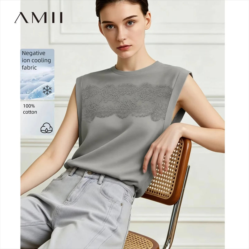Amii Women's Top 2026 Summer New Round Neck Lace Trim 100% Cotton Tank Tee Loose Casual Sleeveless T-Shirt For Women 12622139