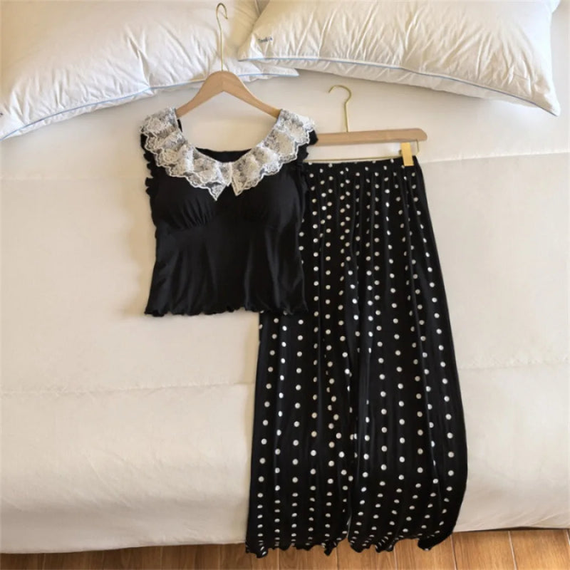 Chest Pads Summer Pajamas Set Soft Sleepwear Lounge Wear Sleeveless 2 Piece Loungewear Suit for Home Wear Pijama Woman Clothes