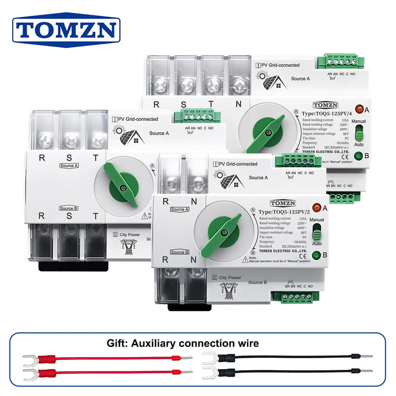 TOMZN 2P 3P 4P Din Rail ATS for PV and Inverter Dual Power Automatic Transfer Selector Switches Uninterrupted 63A 100A 125A