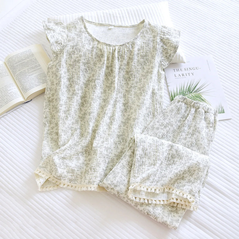 Summer Pajamas for Woman Pyjamas Floral Thin 2PCS Short Sleeve Night Wear for Ladies 100% Cotton Home Suit Women's Sleepwear