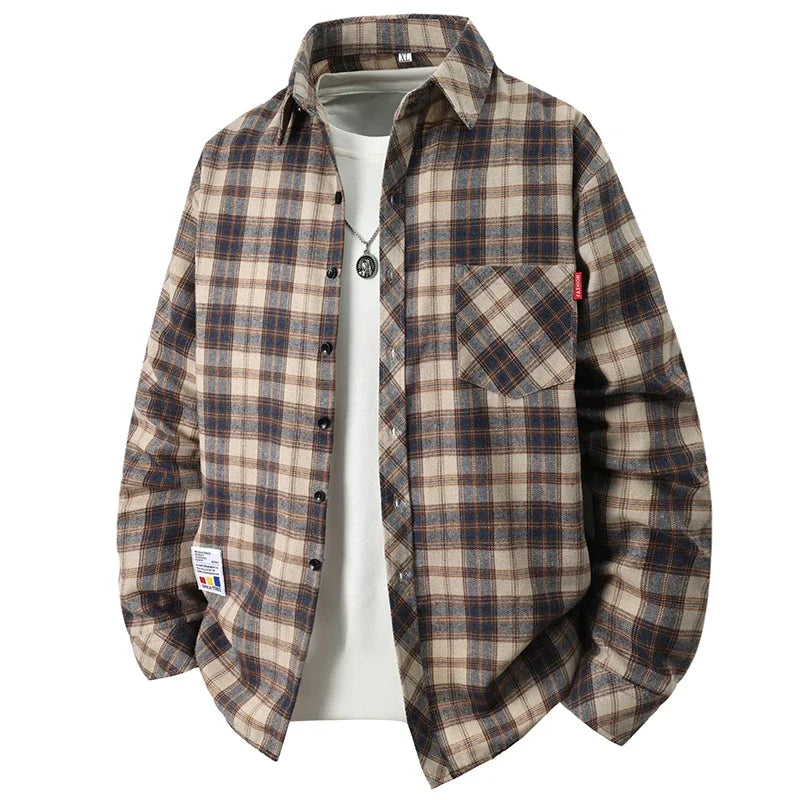 Soft Breathable Check Pattern Shirt Loose Fit Turn Down Collar Pocket Label Autumn Daily Men Casual Outer Blouse