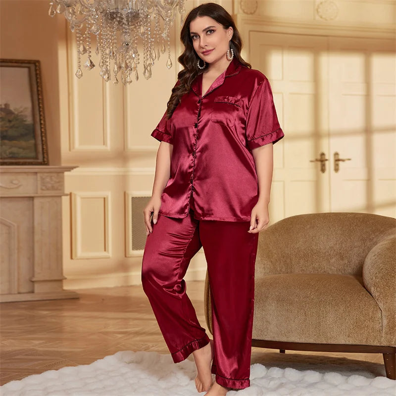 Summer Fashionable Women Silk Sleepwear Set Personalized Satin Casual Thin Loose Tops Long Pants Home Wear Pajamas For Women