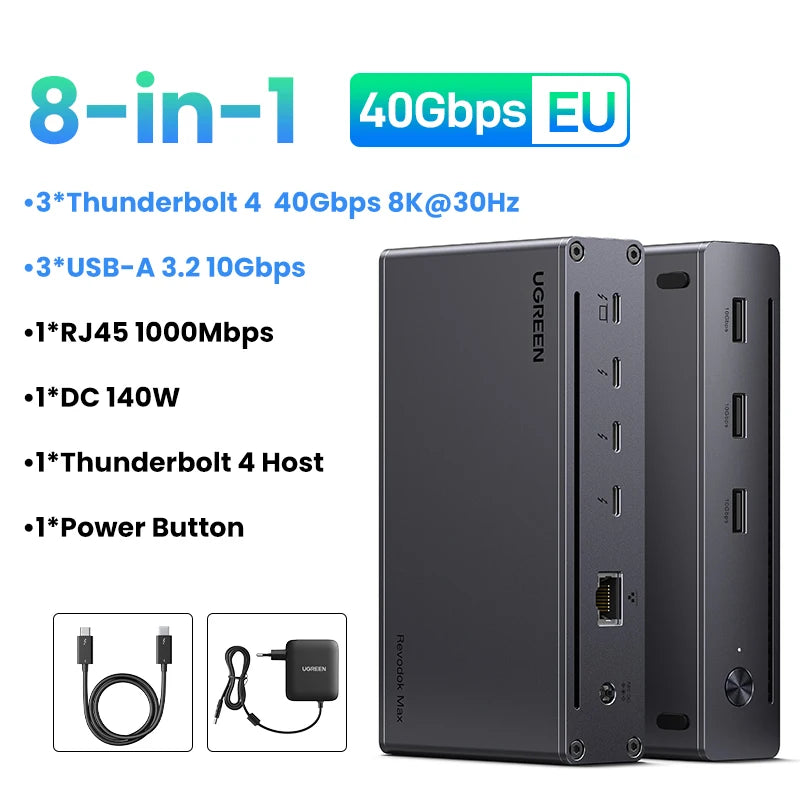 UGREEN 8-in-1 Docking Station 8K30Hz Thunderbolt 4 40Gbps Dock USB3.2 Gen2 10Gbps with EU Adapter for MacBook Laptops PC USB HUB