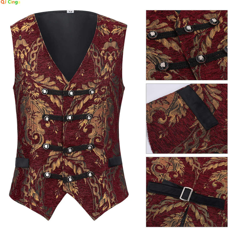 Punk-style Men's Red Sleeveless Suit Vest, Single-breasted V-neck Court/Gothic Vests, for Cosplaying Medieval Vintage Waistcoat.
