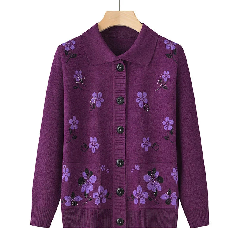 Grandma's Spring Autumn Cardigan Lapel Sweater Winter Womens Clothing Vintage Knitting Middle Aged Mother Knitwears Coat 4XL