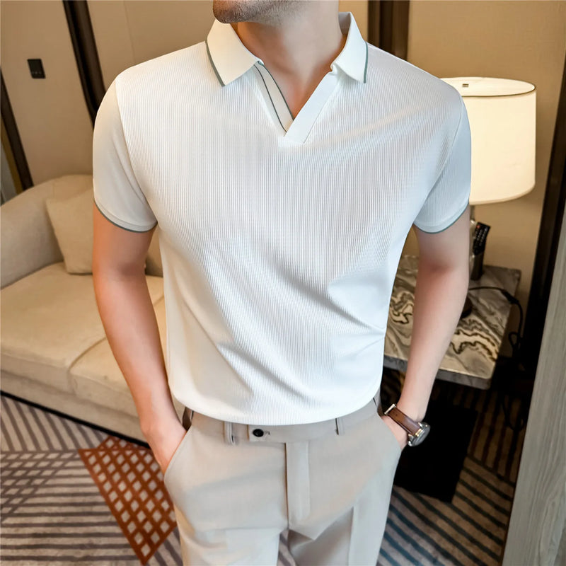 Men Summer Short Sleeve Polo Shirt Solid Color Casual Open Hem Collar Top Breathable Cool Feeling Tee