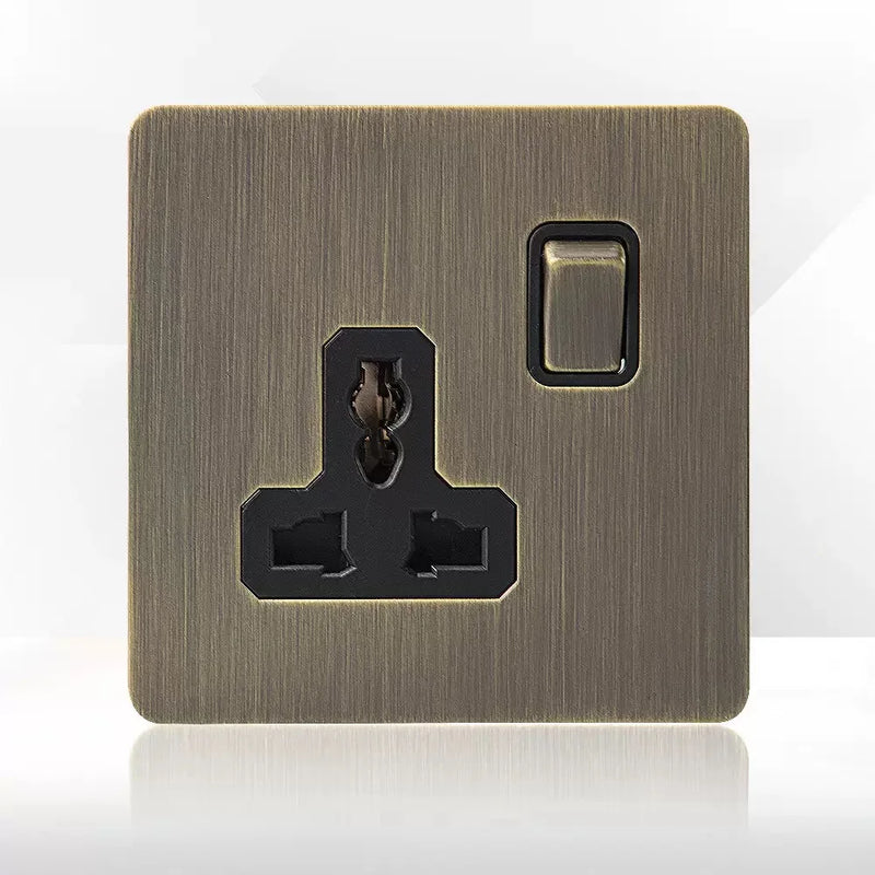 Retro Metal Brushed Antique Stainless Steel Push Button Switch Panel UK 13A Socket with USB Phone Charging for Home Improvement