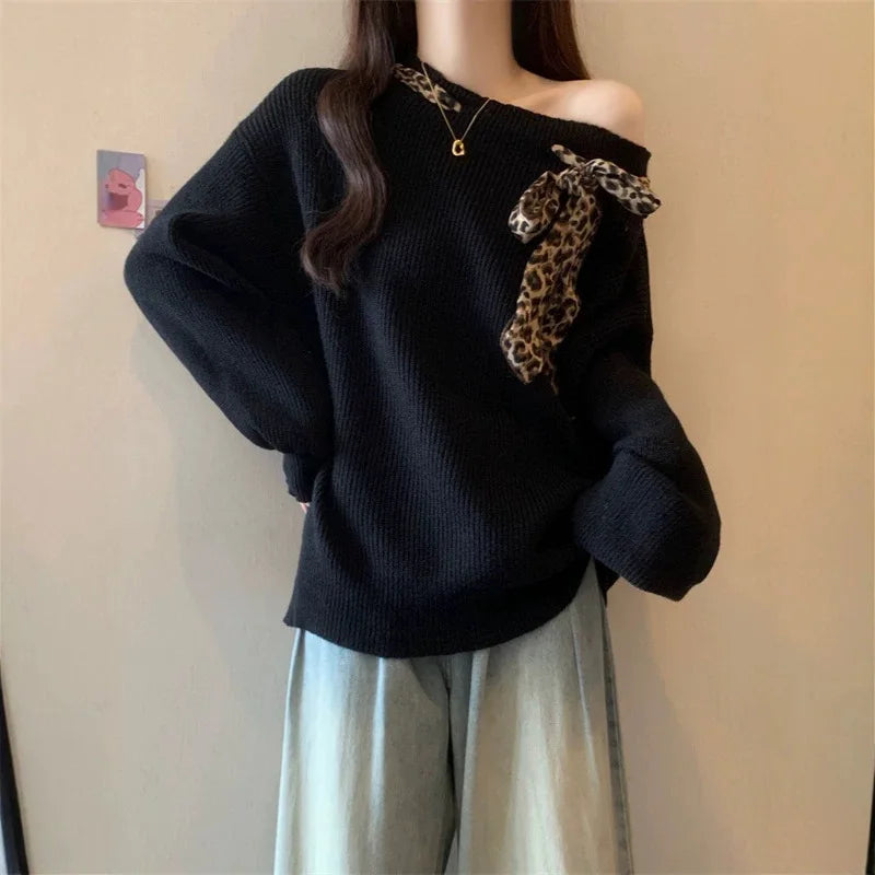 Sweater Female Korean Leopard Print Autumn Winter Soft  Lace-up Off-shoulder Lazy Wind Knitted Top Pullover Jumper Women