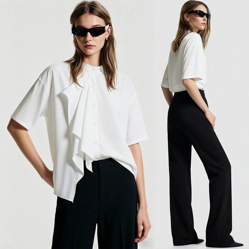 Amii Women Shirt 2026 Summer New Stand Collar Tie Drop Shoulder Short Sleeves Blouse French Style Elegant Chiffon Top 12642105