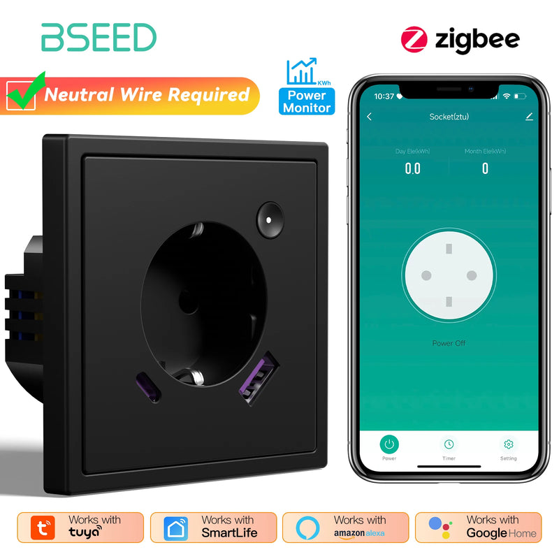 BSEED E Series Zigbee Socket Smart Power Monitor Socket 20W Fast Charge USB Type-C Port Tuya Smart Life Control Plastic Frame