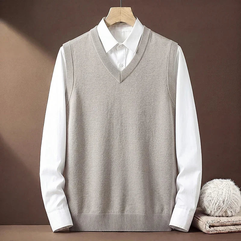 V Neck Sleeveless Plain Knit Vest For Men Soft Handfeel Knitwear Business Formal Sweater Tank Top Autumn Layering Clothes