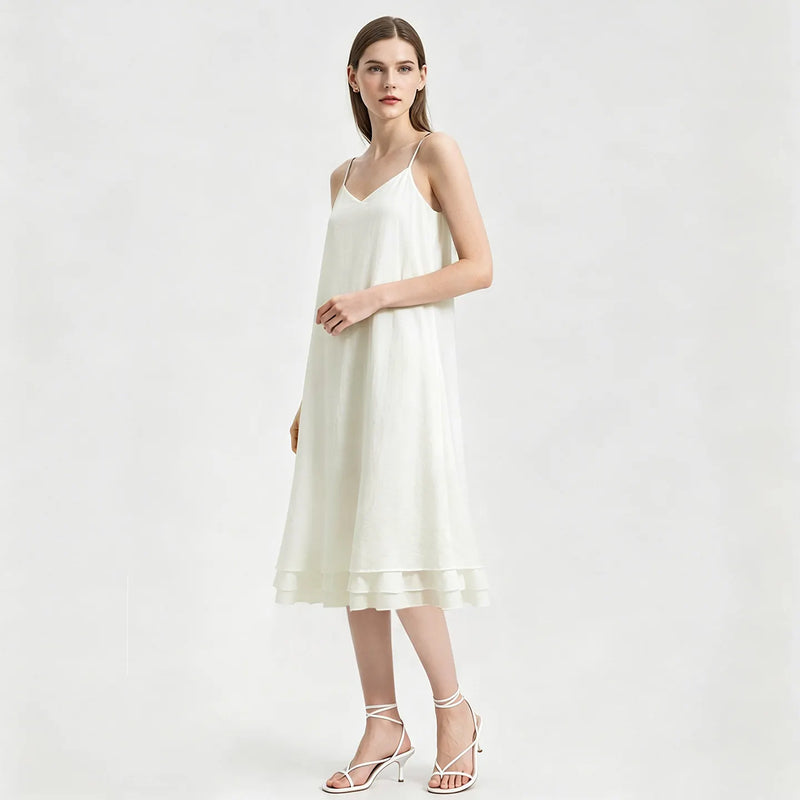 Amii Slip Women's Dress 2026 Summer New V Neck Straight Casual Color Block Chiffon Spaghetti Strap Midi Dress For Women 12622101