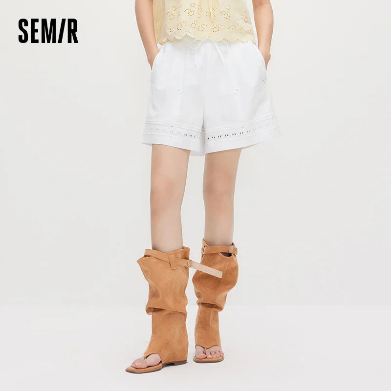 Semir Women Pants Casual Hollow Embroidered White Loose Minimalist Gentle 2026 Summer Fashion Daily Casual Top