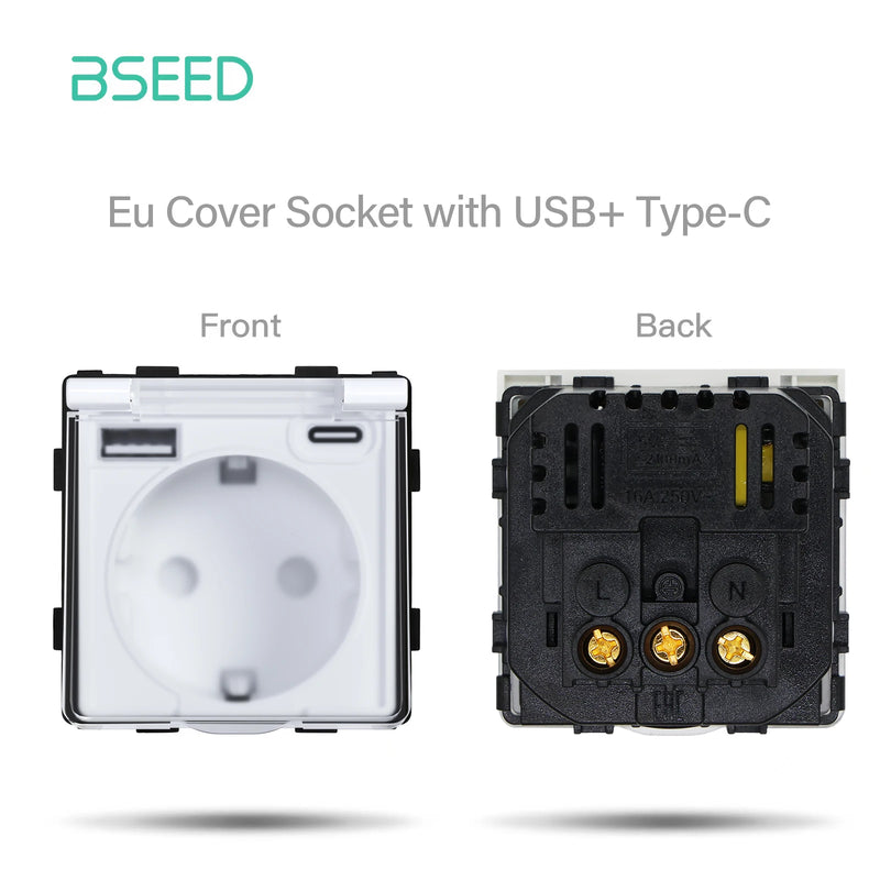 BSEED EU Wall Electric Socket Function Part USB Type-C Port With Plastic Waterpoof Cover 250v 16A DIY Part Only No Frame